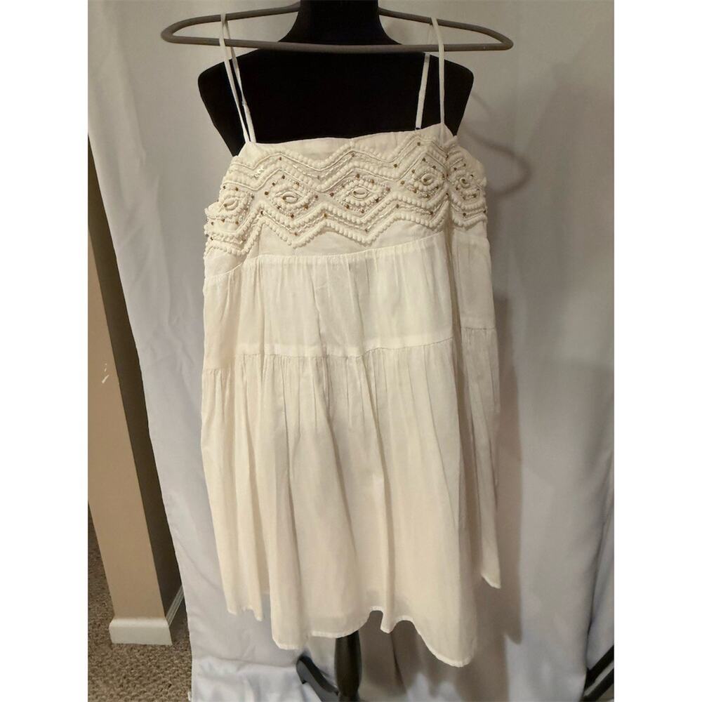 Zara Mini Sundress Womens Size L Ivory Beaded Smocked Tiered Boho Summer